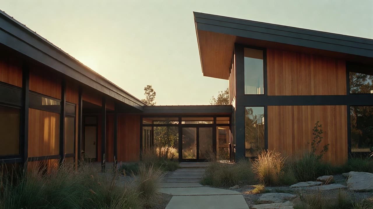 A cedar-clad courtyard building in golden hour light.